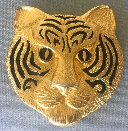Huge Dotty Smith Signed Tiger Cat's Head Belt Buckle Black Enamel Gold Metal Vintage Designer Couture Runway Massive Big Animal Lion Leopard