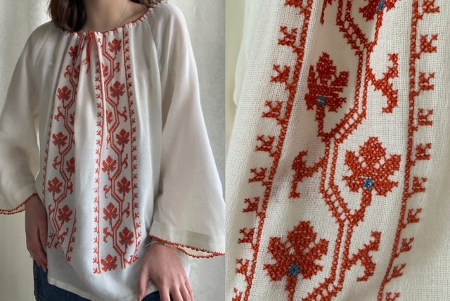 Vintage Beige Colored Linen Cotton Blend Orange Blue Folk Embroidered Traditional Off Shoulder Blouse - Boho Hippie Style Fits L