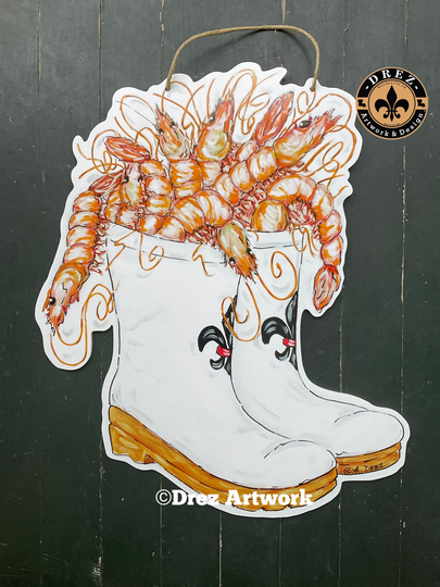 Shrimp, Crawfish, Door Hanger, Seafood, Wholesale Available, Made in Louisiana, Shrimp Boots, Crawfish Boil, Drez Artwork