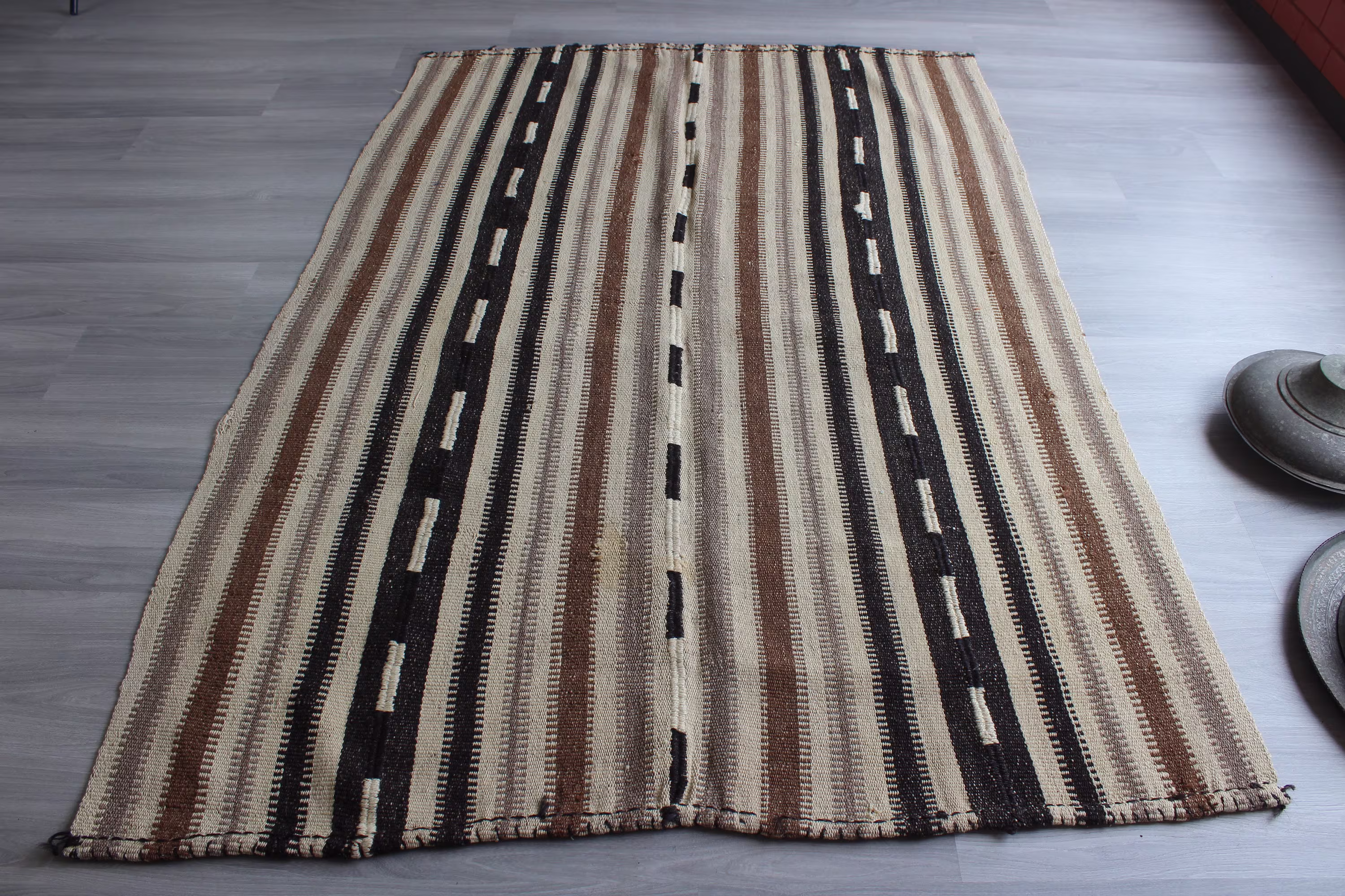 Vintage Kilim Rug, Beige Striped Kilim, Ethnic Bohemian Rug/N-994 4'6"x6'8"