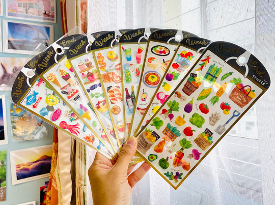 Farmers Market - Veg, Fruit, Seafood, Drinks Weekend Sticker Sheet | Mind Wave Kawaii Stickers For Planning, Crafting, Scrapbooking