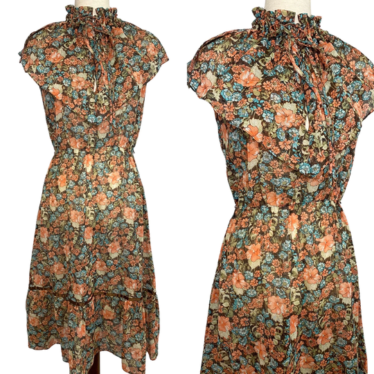 70S Sheer Floral High Neck Ruffle Prairie Dress | Vintage Midi Length 1970S