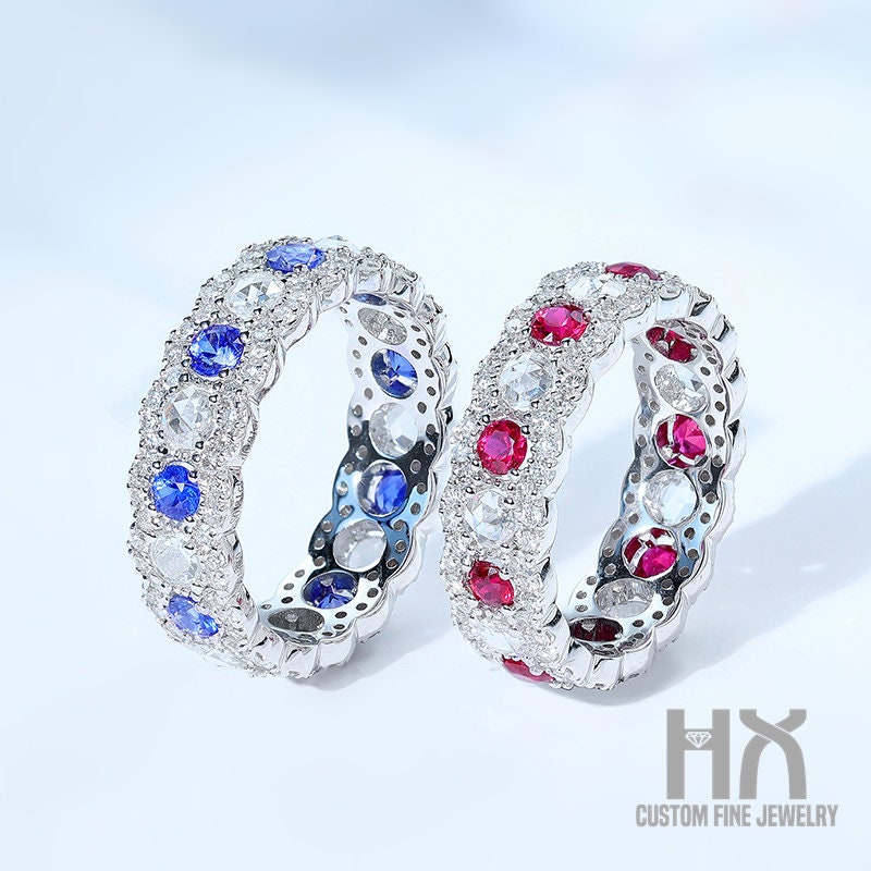 Diamond Sapphire Ruby Full Eternity Ring in 18K Gold/Art Deco Ring/Unique Promise