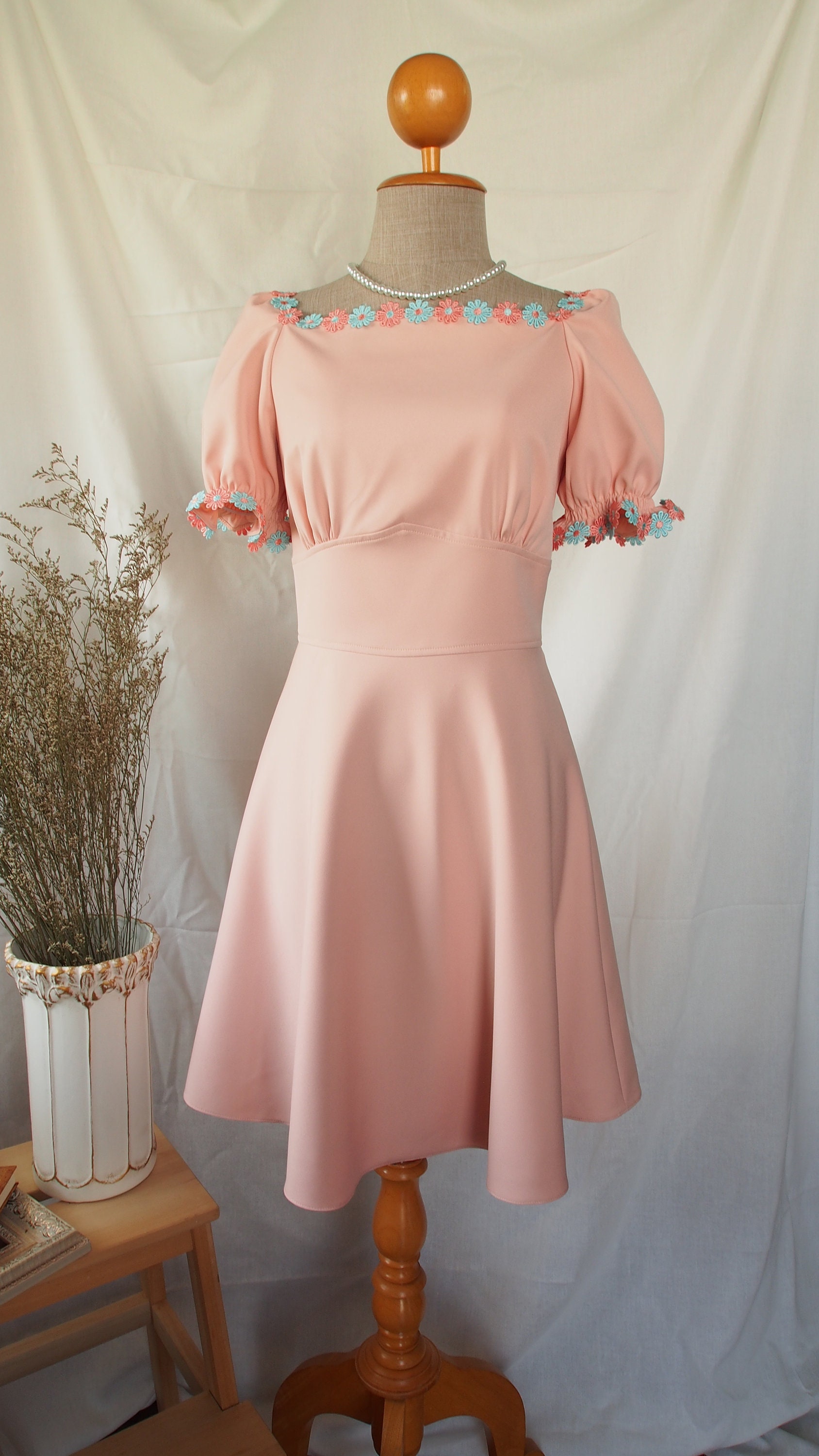 Old Rose Summer Dress Floral Lace Puff Sleeve Dolly Vintage Sundress Bridesmaid Fit & Flare Swing Dance Party