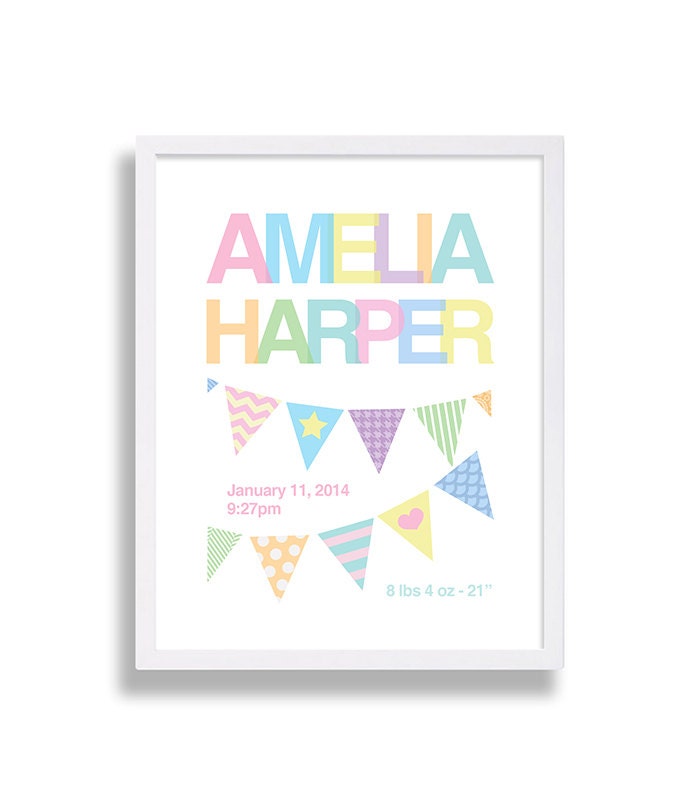 Baby Stats Nursery Art Name Decor Personalized Print Newborn Gift Girls Room Multi Color Bunting