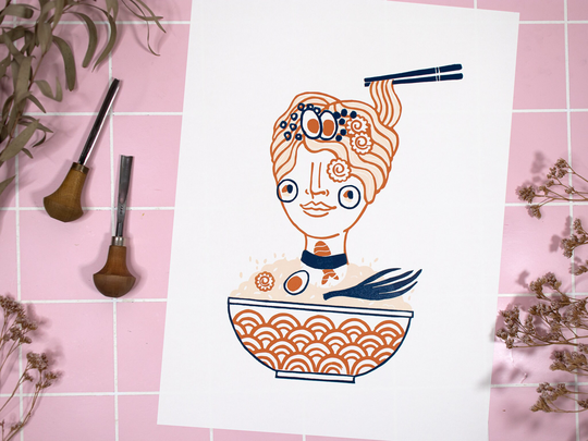 Linoprint Ramen Girl, Japanese Noodle Soup, Sushi Bowl, Food, Original Linoleum Art, Asian Cuisine, Tokyo Kawaii, Tonkotsu Miso