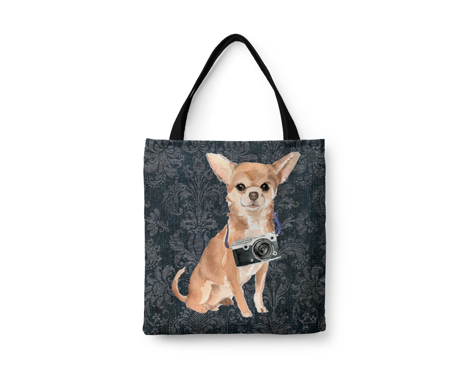 Chihuahua Dog Tote Bag Illustrated Dogs & 6 Denim Inspired Styles. All Purpose Ideal For Shopping, Laptop, Grocery, Market. Long Haired Chi
