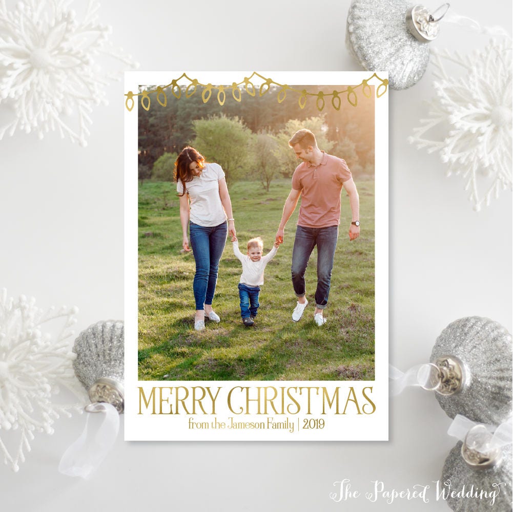 Printable Or Printed Photo Christmas Cards With Gold Lights - White & Holiday 025 P1