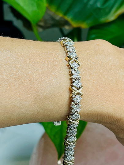 4 Carats Diamonds Mined in 14K Solid 2 Tones Gold With Love X & Flower Bracelet, 18.38 Grams, Length 7.63 Inches | Can Be Size 6.5-8In