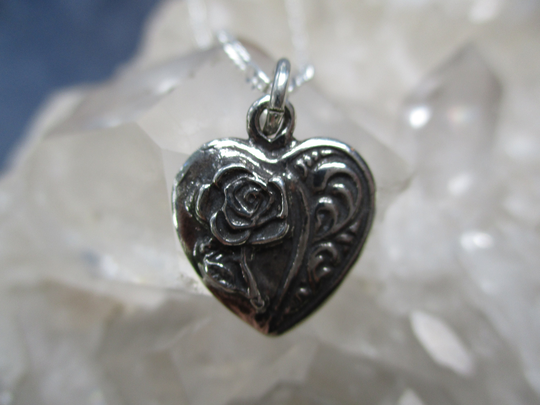 Heart W/Rose Pendant ~Sterling Silver~ Hand Cast & Antiqued 18" Sterling Chain