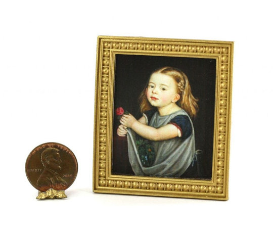 Dollhouse Miniature Gold Framed Print Of A Young Girl Holding Rose
