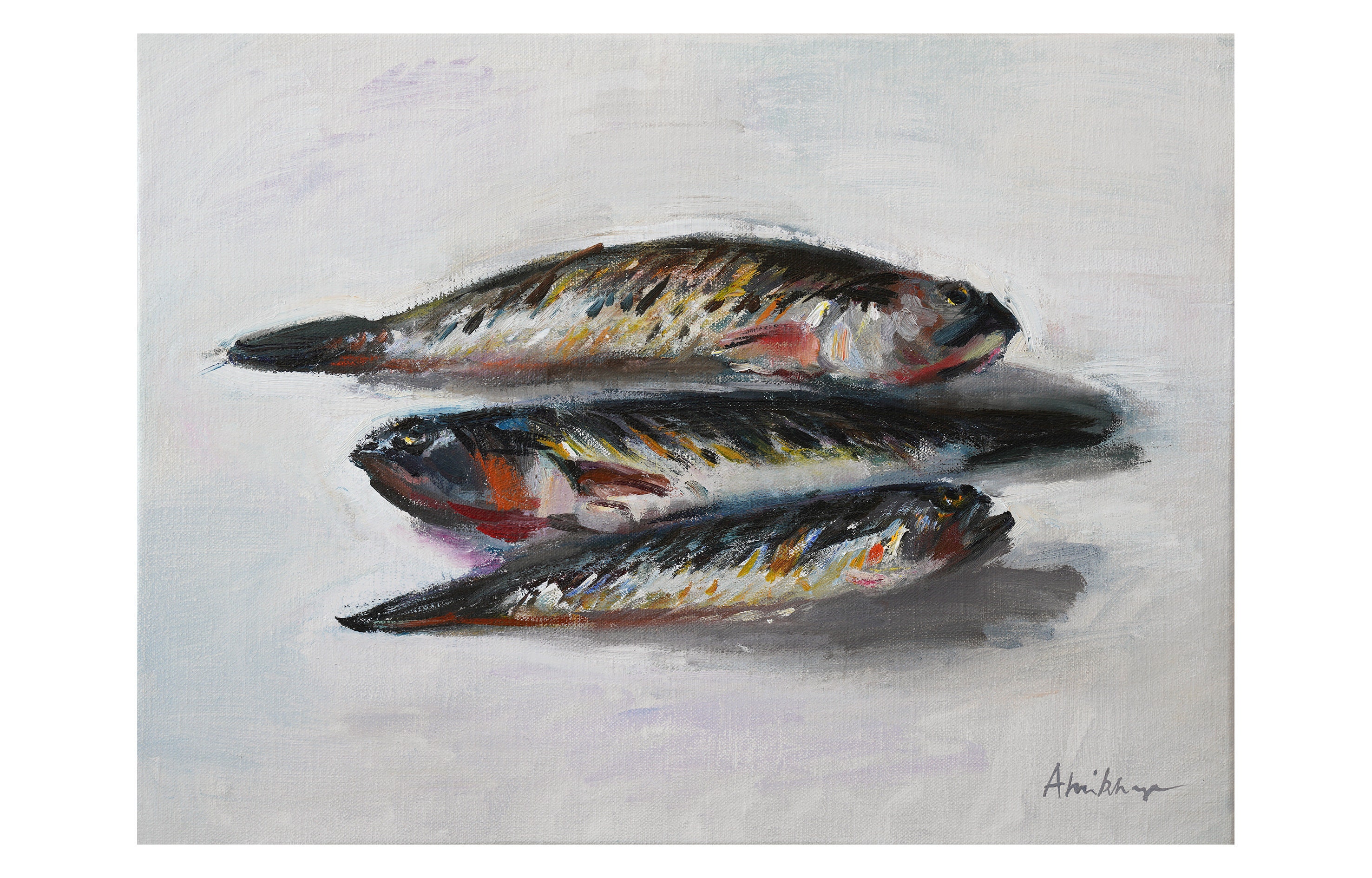 Three Mediterranean Fish Original Oil Painting On Stretched Linen Canvas Paintings Food Seafood Still Life Fishes Fishy Foody White Grey Art