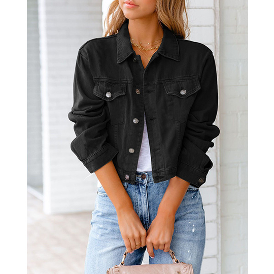 New cotton blend solid denim jacket long sleeve top - Black, M
