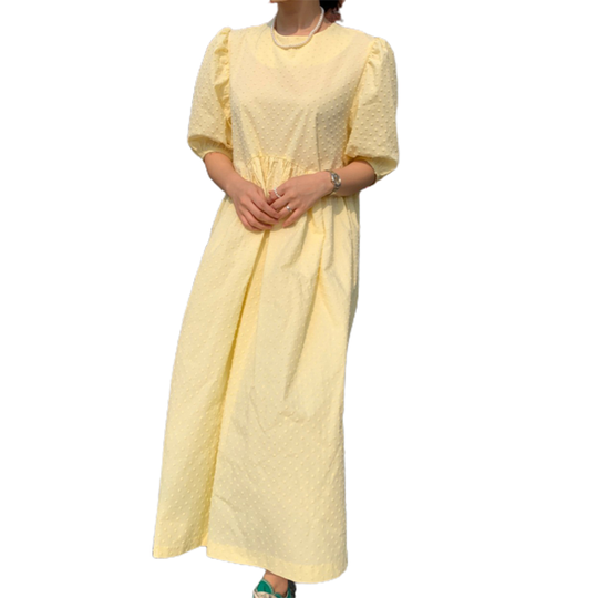Long Dress Puff-Sleeve Oversize Dots Cotton Blend Ladies Maxi Summer Dress for Women - yellow, one size