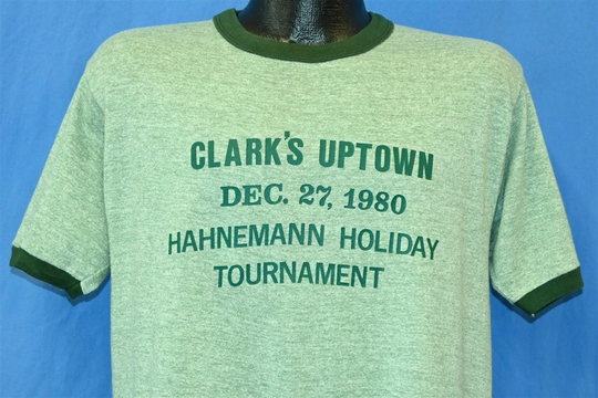 80S Clark's Uptown Hahnemann Holiday Tournament 1980 Rayon Tri Blend Ringer T-Shirt Large