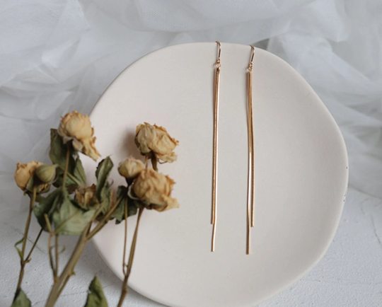 14K Gold Minimalist String Tassel Earrings, Long Streamlined Design Party Night Out Annika Hook Earrings French Chic Collection