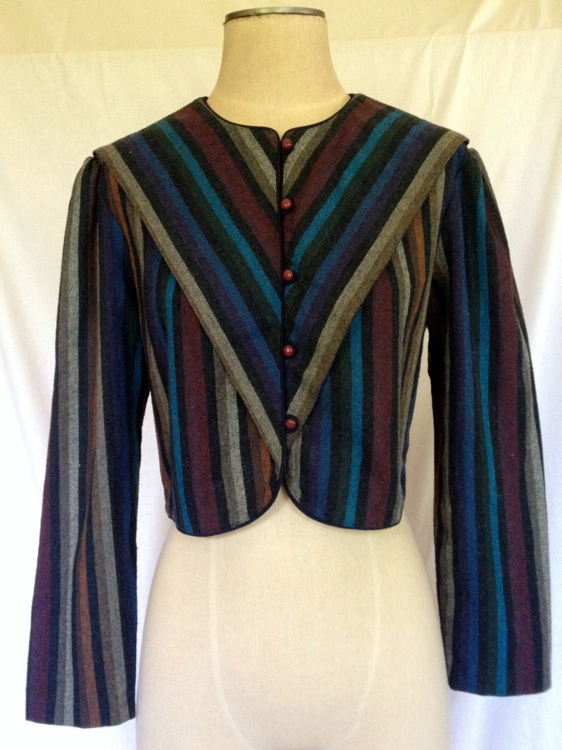 Vintage 80S Cropped Striped Wool Blend Fall Jacket With Blue Piping/Puff Sleeves/John's Girl/Small