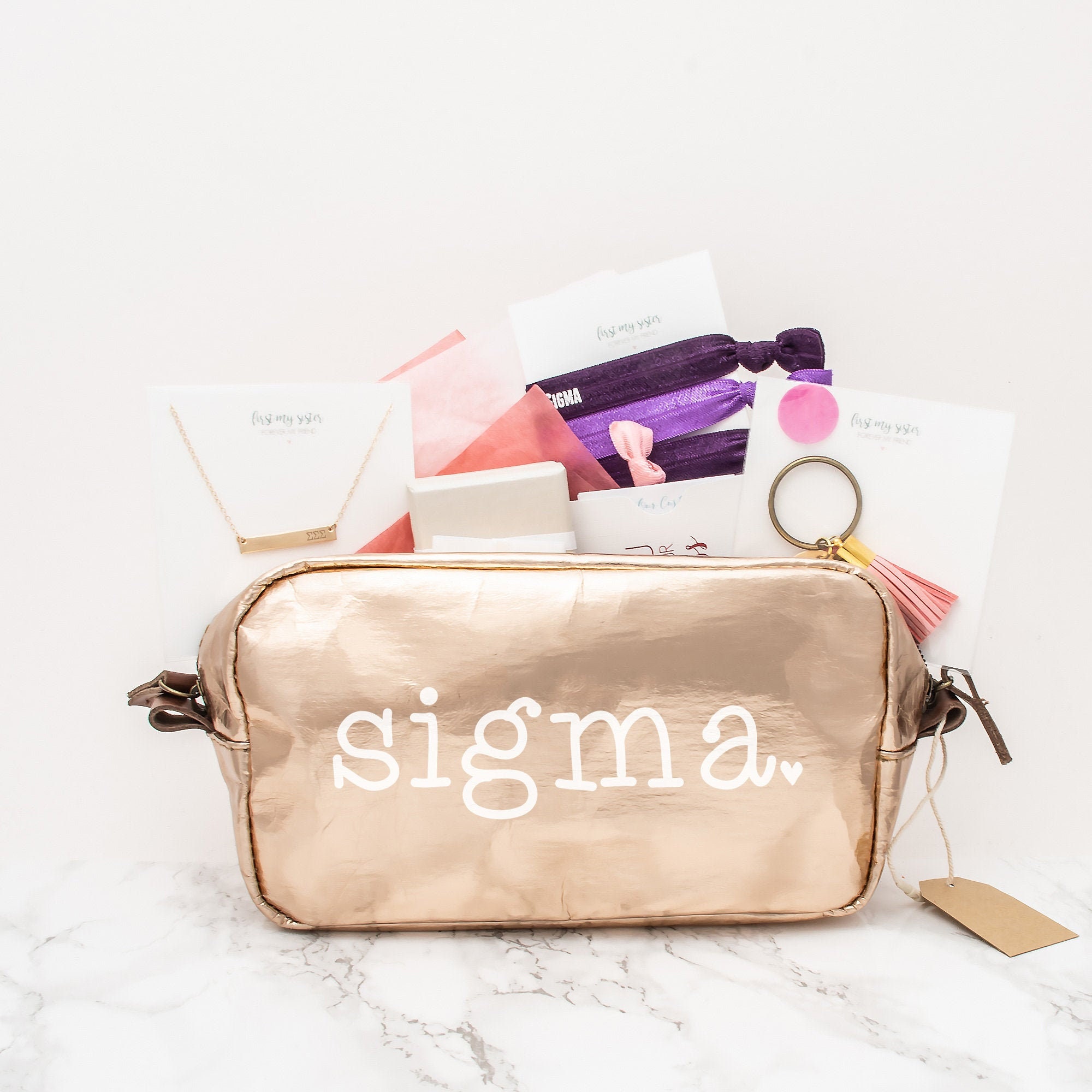 Tri Sigma Gift Set, Sorority Gifts Bundle, Greek Pack With Bag, Bar Necklace, Rings, Hair Ties & Keychain