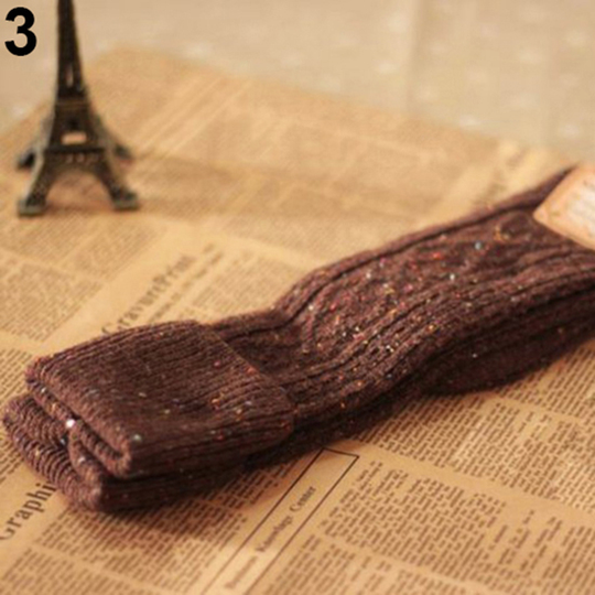 Women Fashion Turn Up Dots Wool Blend Long Knee High Stockings Winter Warm Socks - brown