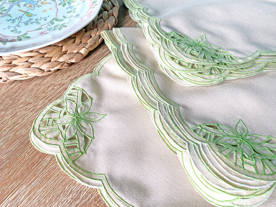Set Of 12 Beige Ramie Poly Blend Napkins With Lime Green Cutwork - Vintage Tableware Setting Dress Your Table Dining Linen