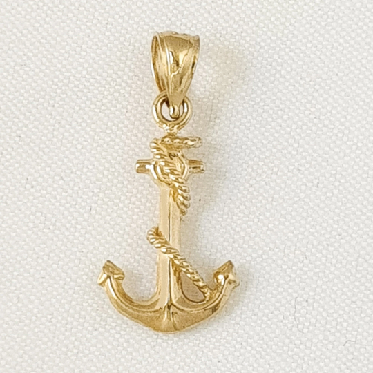 14K Yellow Gold Anchor With Rope 3D Solid Pendant