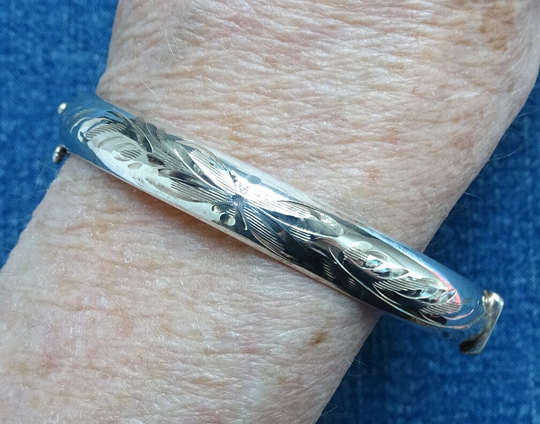 Vintage, Sterling Silver, Hinged Bangle Bracelet, Etched Floral, Signed B, Burkhardt Jewelers