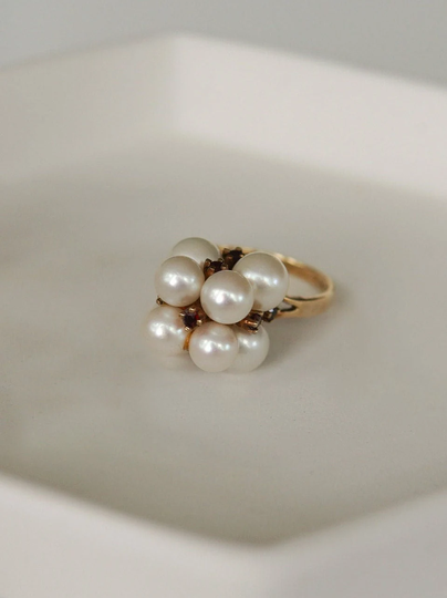 Parisian Vintage Estate Duchess Styled Garnet & Pearl Cocktail Ring