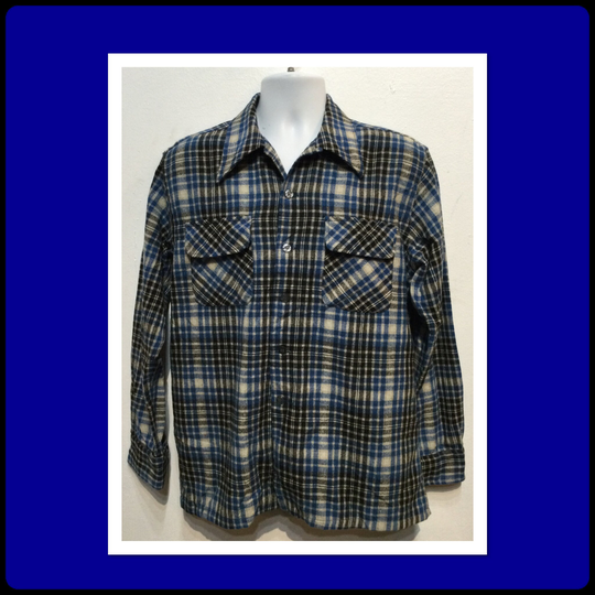 Vintage 1960S Loop Collar Wool Blend Plaid Shirt By Jcpenney. Size Medium