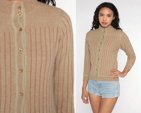 Wool Blend Cardigan Sweater Brown Striped Ribbed 60S Button Up 1960S Boho Vintage 70S Small Xs S
