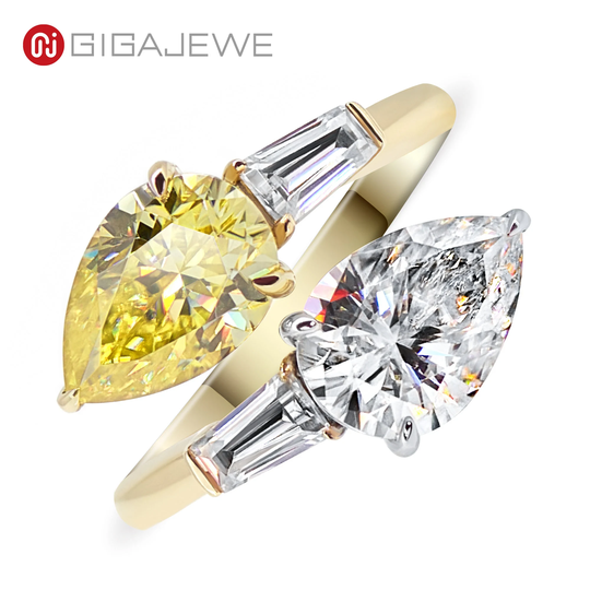 Gigajewe 5Ct 9K/14K/18K White Solid Gold 7x10mm 2Ct & Yellow Pear Cut Moissanite Ring, Engagement Ring, Wedding Ring, Women Ring