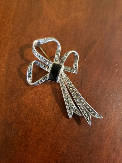 Vintage Sterling Silver Marcasite Onyx Bow Pin Brooch, 2.5"x 1.5"