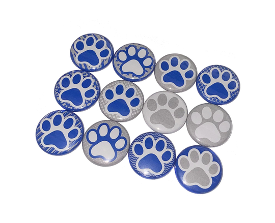 Paws, Blue, Gray, White, 1", 1.25", 1.5", 2.25", Button, Blue Paw, Gray White Grey School Colors, Flatback, Pinback, Pp028
