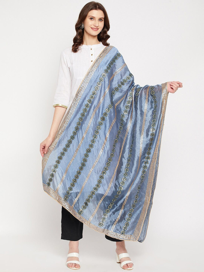 Women's Silk Blend Grey & Gold-Toned Embroidered Dupatta With Gotta Patti Free Shipping