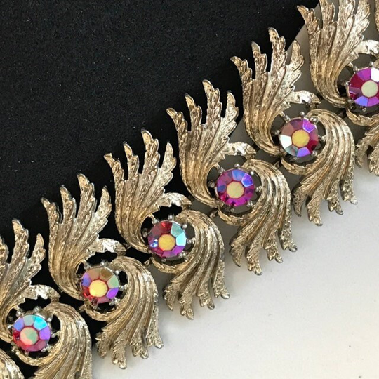 Vintage Coro Red Aurora Borealis Rhinestone Gold Tone Metal Chunky Bracelet