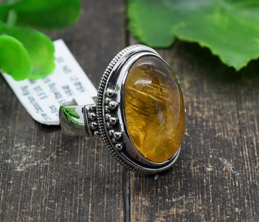 Citrine 5.5 Us Silver Ring, Handmade Statement Birthstone, Rutile, Cabochon Vintage Anniversary Gift A26