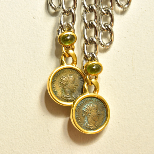 Vintage 18K Gold Ancient Greek Coin Dangle Earrings, Green Aventurine Accents, 750 Lever Back Elizabeth Locke Style, 40mm