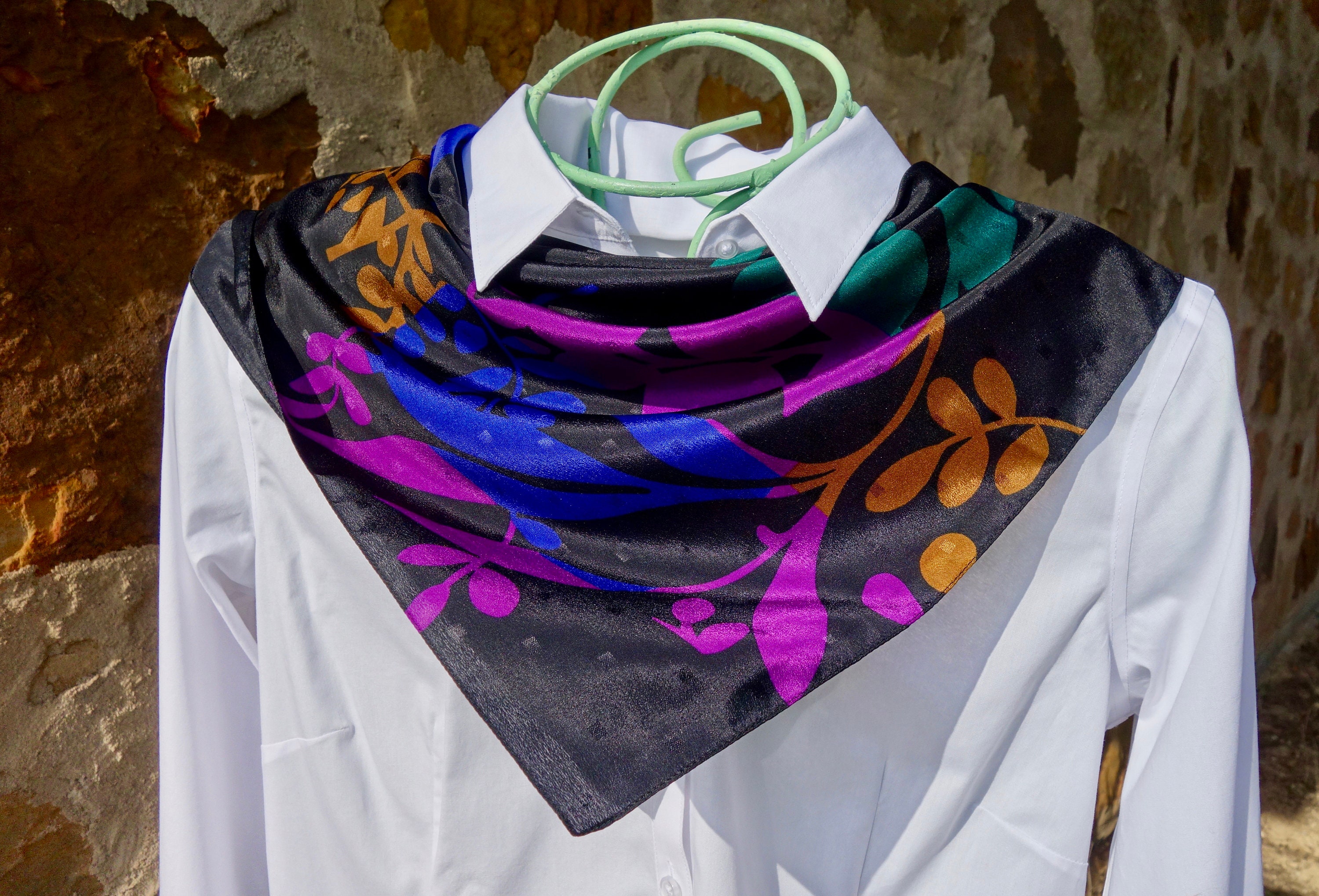 Unusual Vintage Scarf Synthetic Blend Black Background Green Gold Blue Purple Unusual Color Combinations Floral