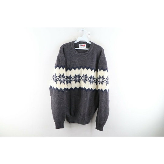 80S Rockabilly Mens Large Wool Blend Knit Snowflake Crewneck Sweater, Vintage 1980S Sweater