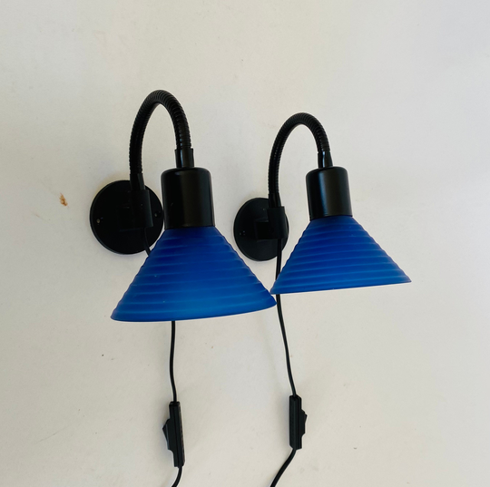 A Pair Of Danish Sconces With White & Blue Opaque Glass Shades. Cool 1980S Design