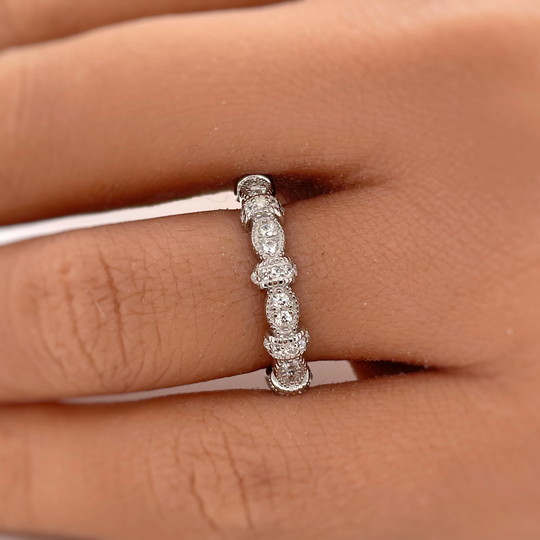 Art Deco Band, Marquise Sterling Silver Dainty Eternity Simulated Diamond, Milgrain Band
