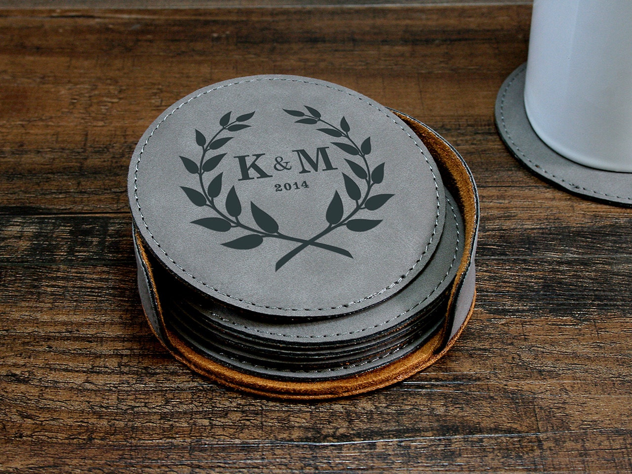 Monogrammed Leather Coaster Set, Custom Coasters, Personalized Engraved Laurel Design, Couples Gift, Gift