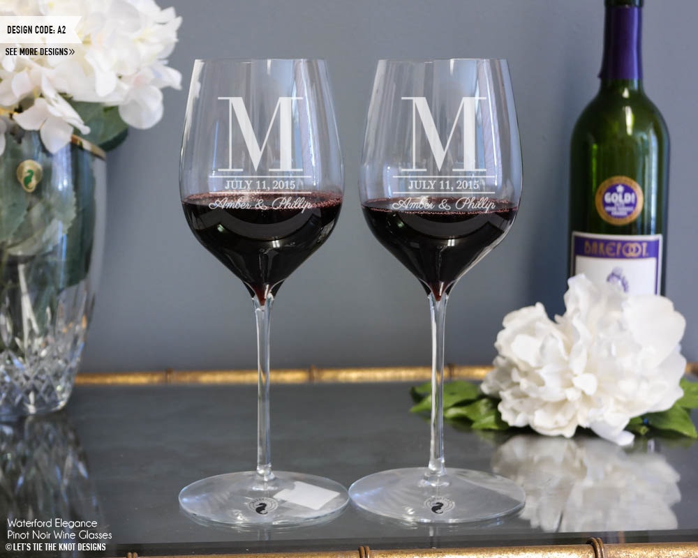 Personalized Wedding Wine Glasses Waterford Elegance | Set Of Two Custom Engraved Pinot Noir Red Glasses, Gift, Engagement Gift