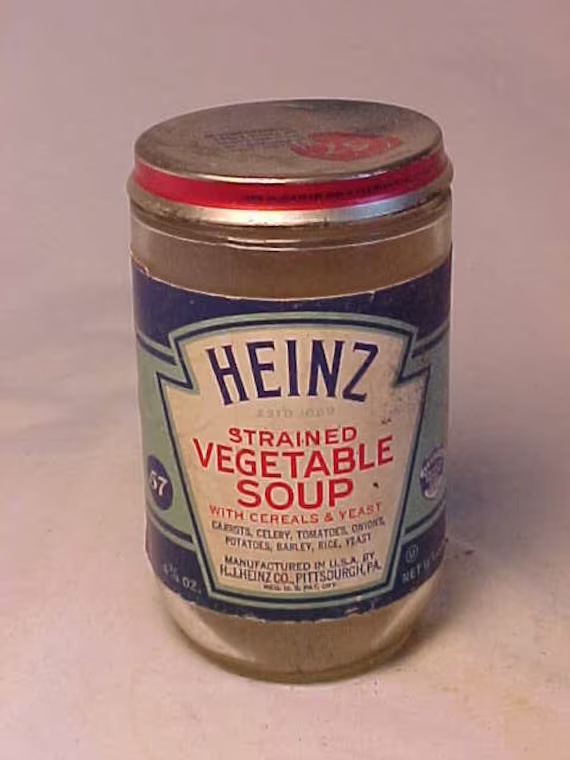 C1940S Heinz Strained Vegetable Soup Manufactured in U.s.a. By H. J. Co. Pittsburgh, Pa., Baby Food Jar With The Original Paper Label