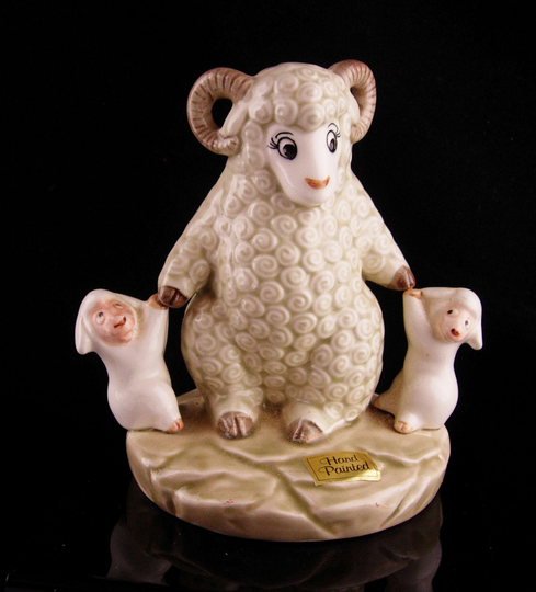Aries New Mom Baby Figurine - Vintage Ram & Lambs Handpainted Lamb Statue Whimsical Gift For