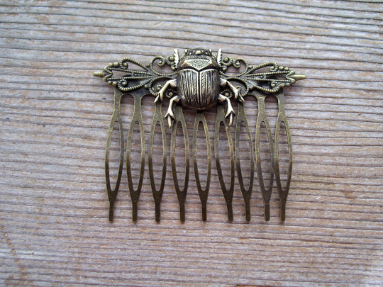 Scarab Beetle Hair Comb, Antiqued Brass Filigree Accessory, Embeelish