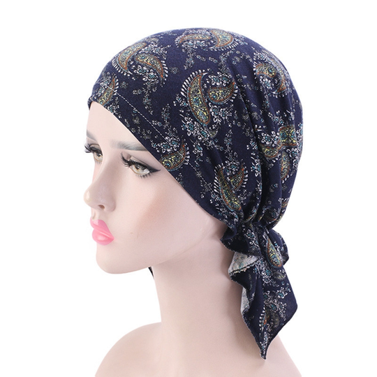 Classic Print Foldable Headscarf Cap Cotton Blend Ruffles Edge Stretchy Sleep Beanie Hair Accessories - navy blue
