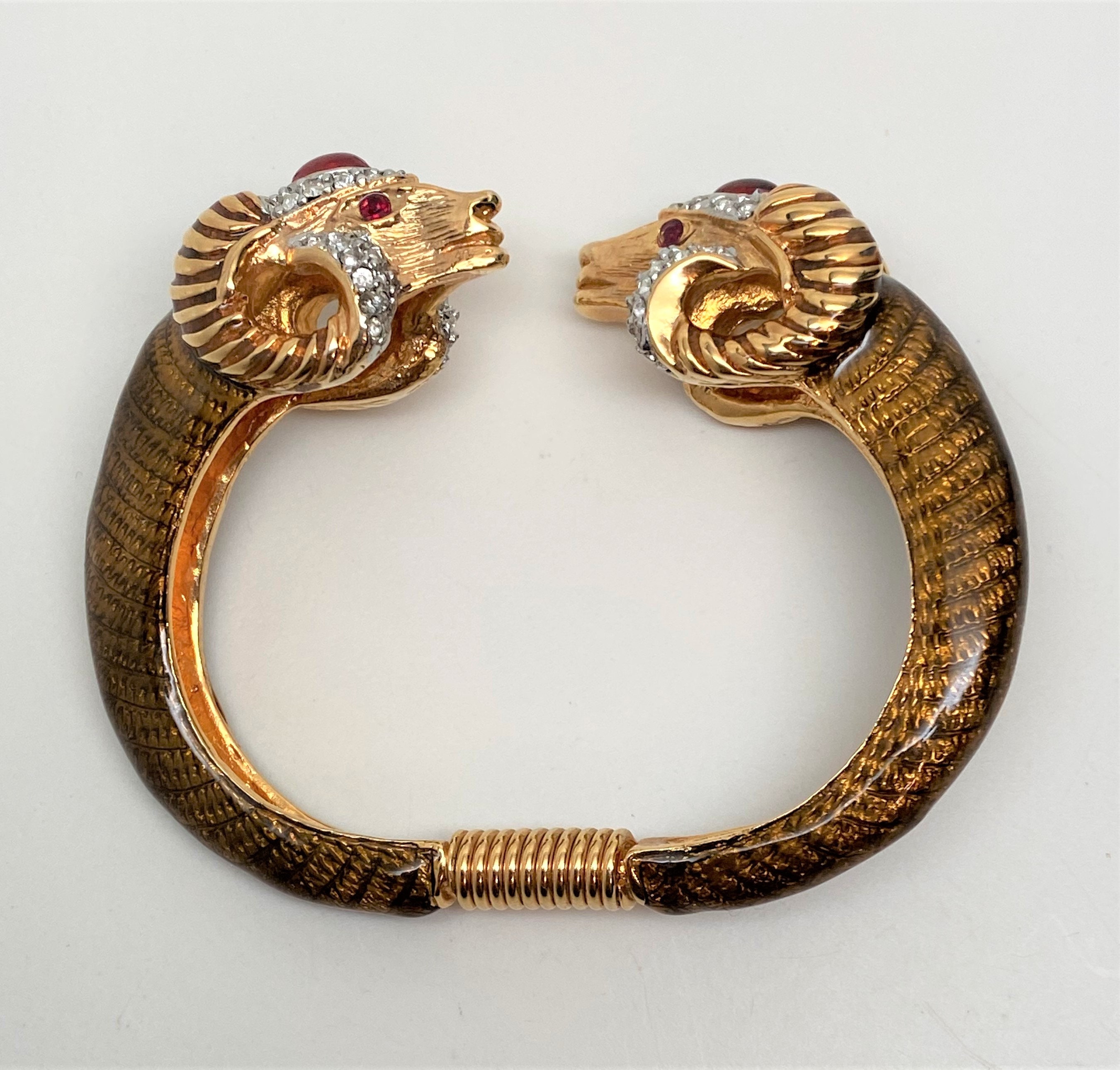 Kenneth Jay Lane Kjl Ram Heads Gold Tone Enamel Hinged Bracelet