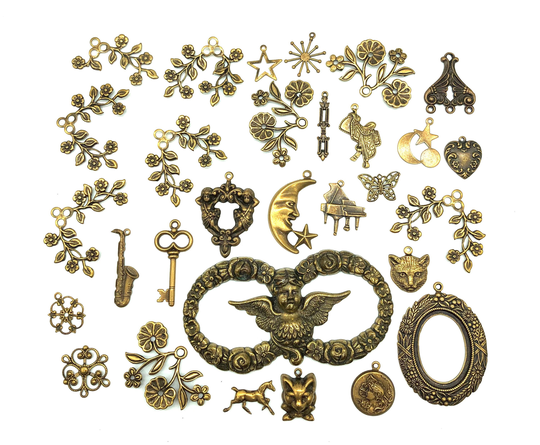 Vintage Brass Stampings 30 Pieces Findings Embellishments Jewelry Making Altered Art Steampunk Lot