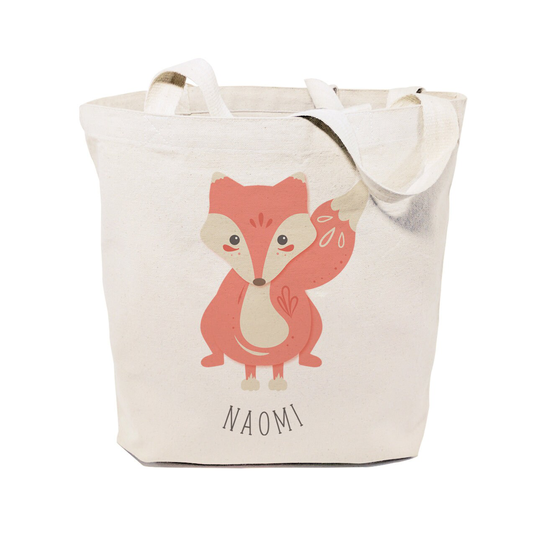 Personalized Name Fox Cotton Canvas Gym, Yoga, Shopping Travel Reusable Shoulder Tote & Handbag, Kid's Gift, Animal Bag, Cute Bag