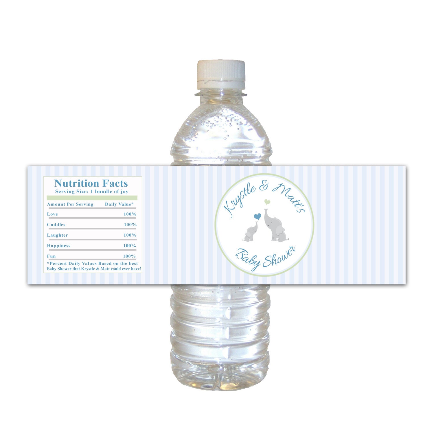 Printable Personalized Blue Stripes Elephant Baby Shower Water Bottle Labels Wrappers - Party Favors Items